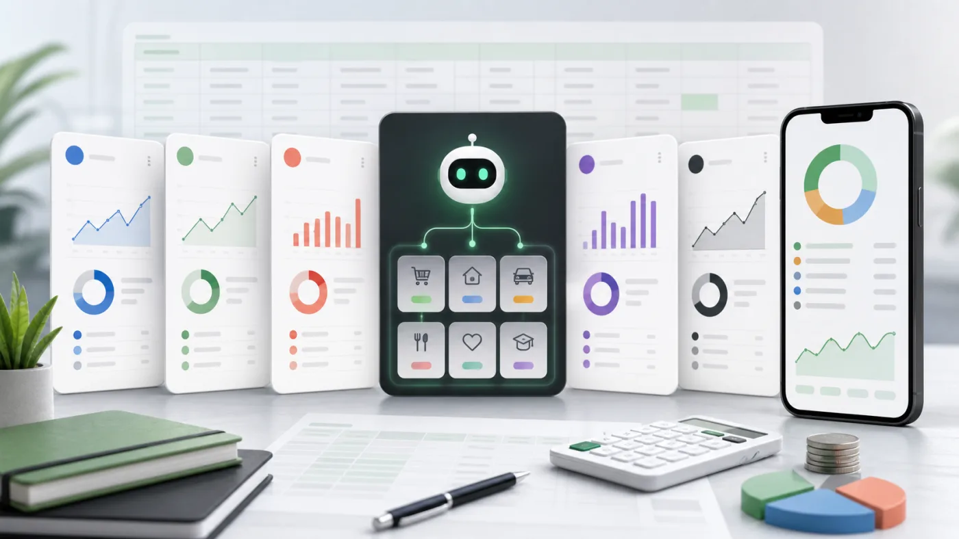 Illustration comparing budget trackers with an AI card organizing categories.