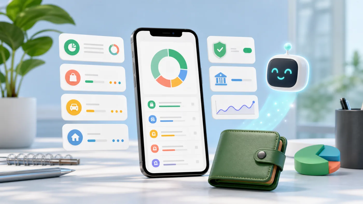 Ilustracion de una app gratis de presupuesto con wallet y asistente de AI.