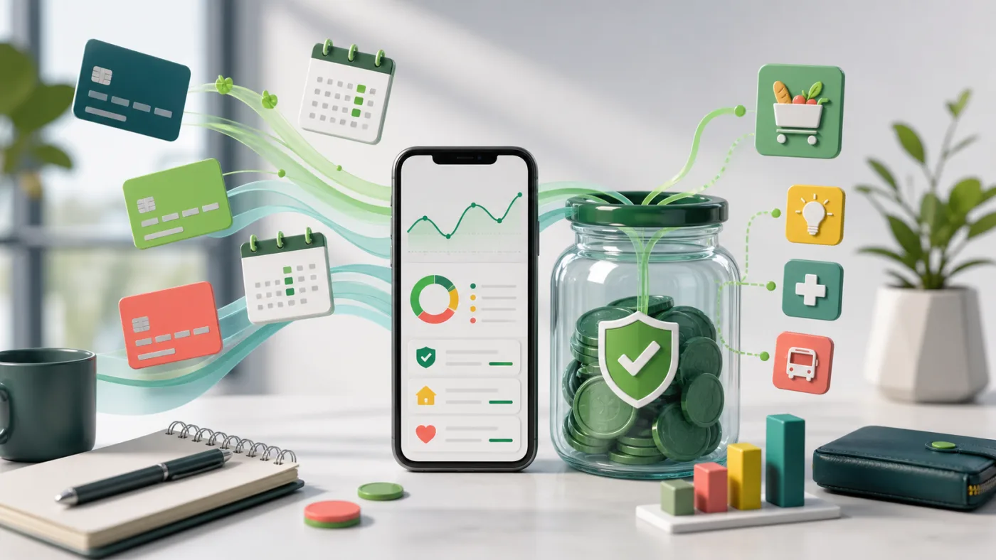 Ilustracion de ingresos variables fluyendo hacia ahorro y categorias de presupuesto.